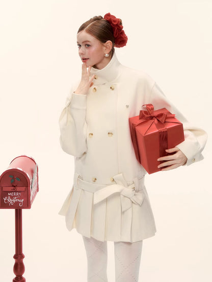 Pleated-Edge Down Wool-Blend Coat