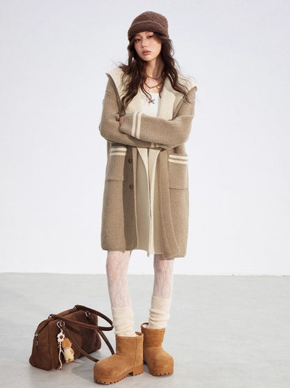 Detachable Collar Knit Hooded Long Cardigan