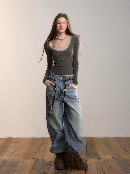 Belted Contrast Panel Knit Layered T-Shirt