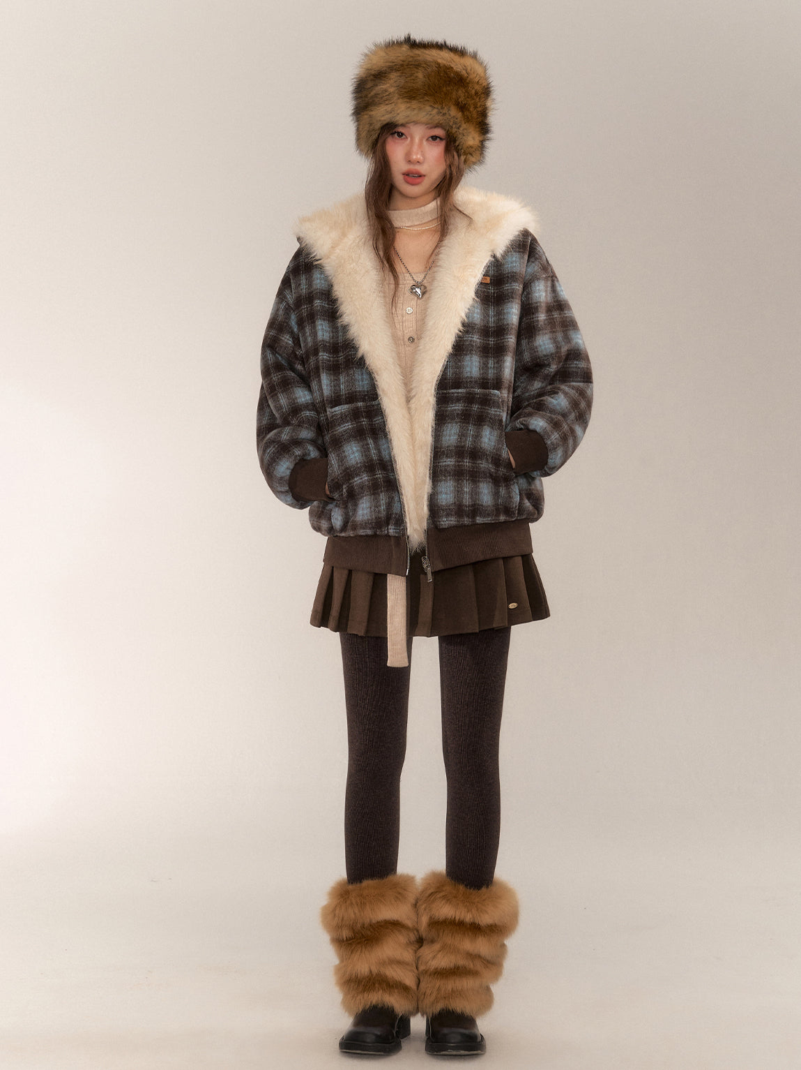 Reversible Plaid Faux Fur Coat