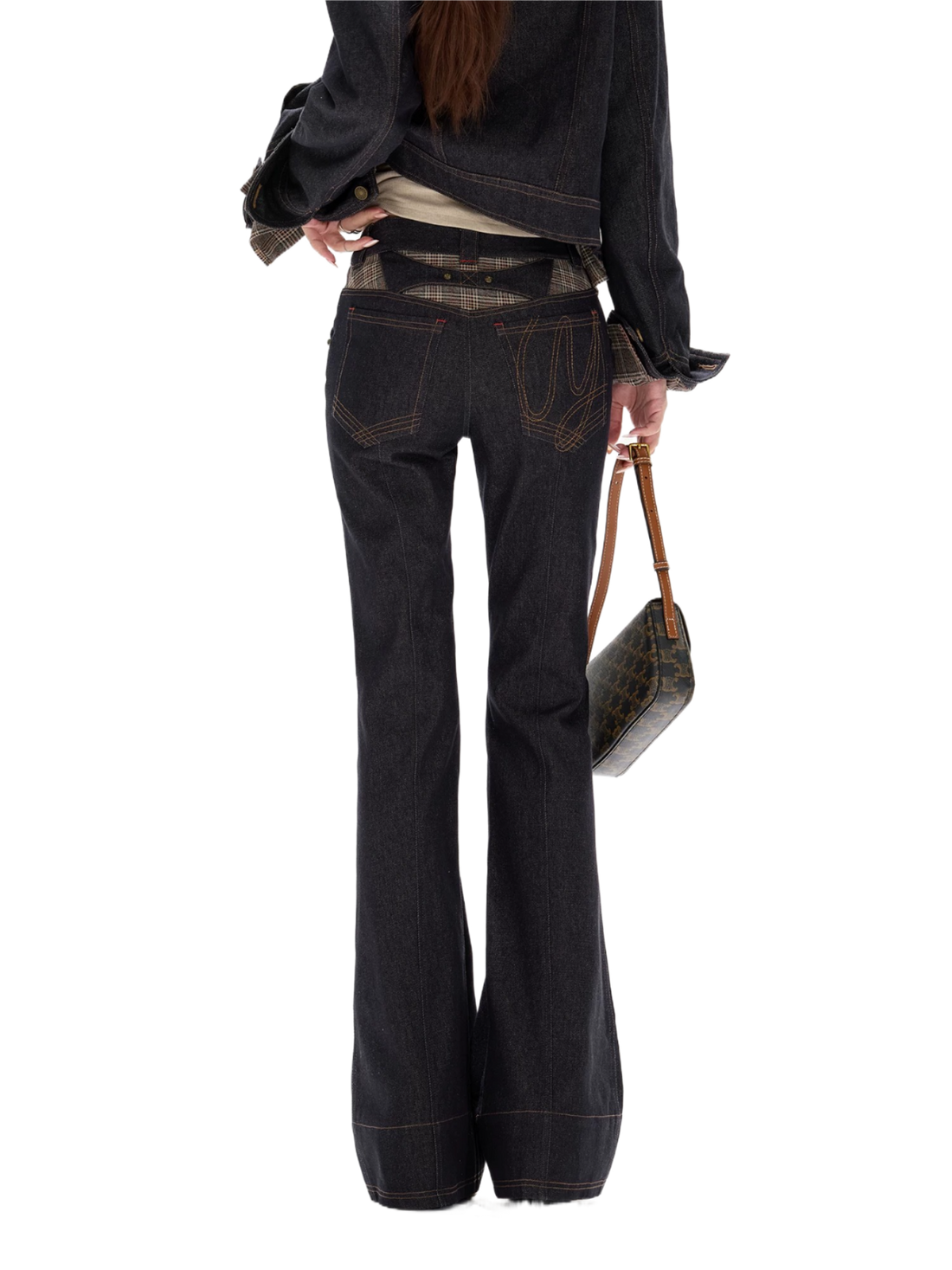 Plaid Mid-Rise Flared Wide-Leg Jeans