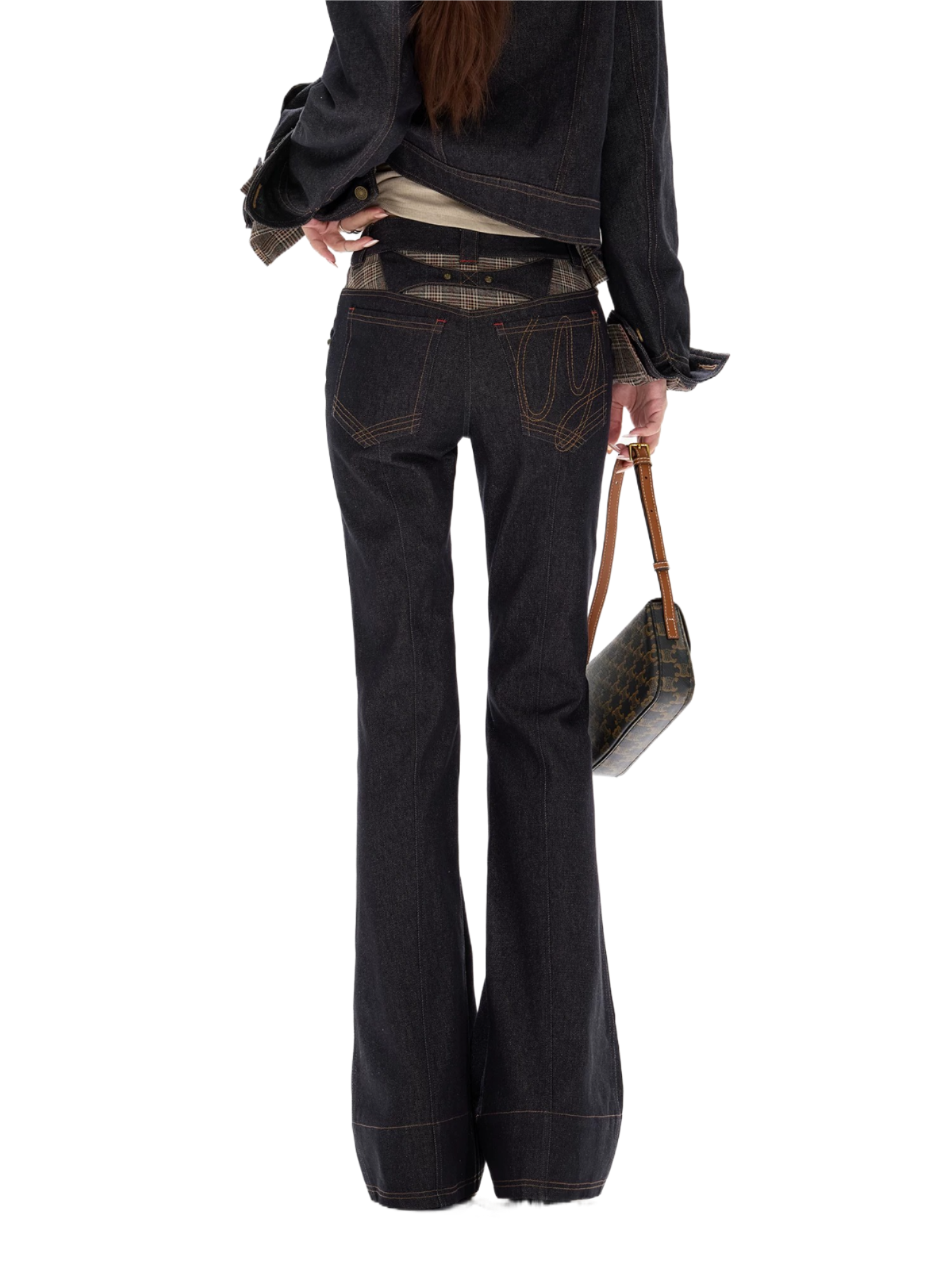 Plaid Mid-Rise Flared Wide-Leg Jeans