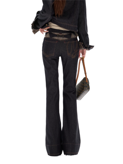 Plaid Mid-Rise Flared Wide-Leg Jeans