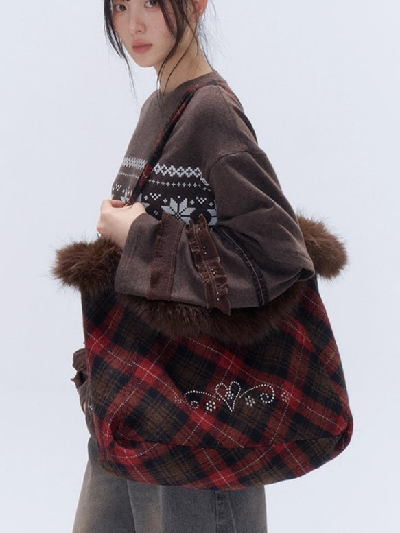 Plaid Wool-Blend Large Tote Bag