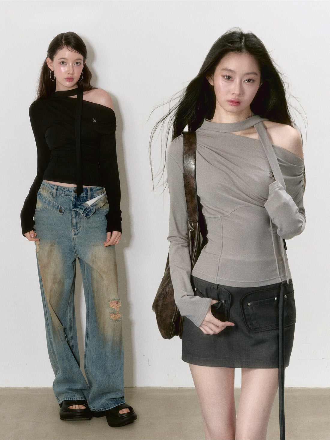 Gray &amp; Black Ruched Draped Asymmetric Blouse - CHINASQUAD