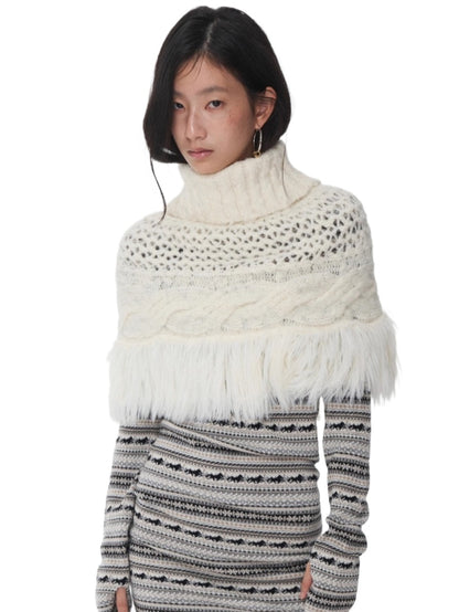 Cable Knit Fringed High-Neck Wool Blend Poncho