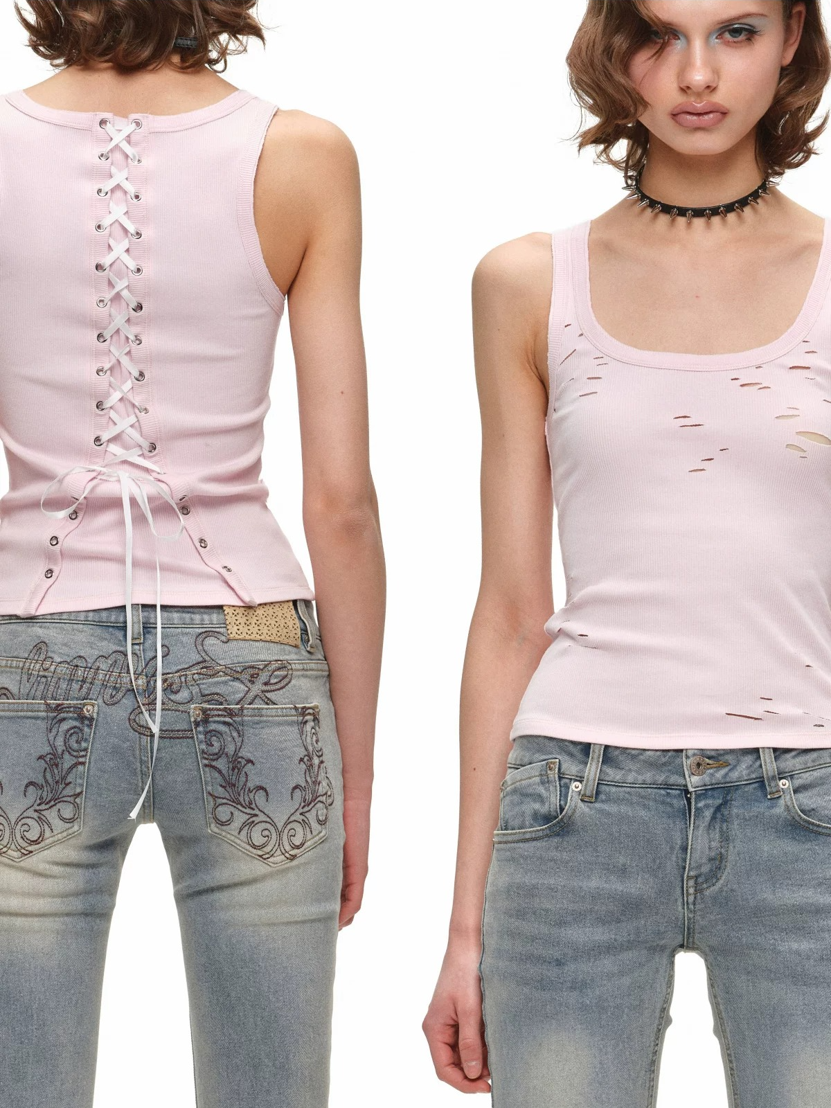 Vintage Ink-Splatter Embroidered Low-Rise Flared Jeans 1Jinn Studio