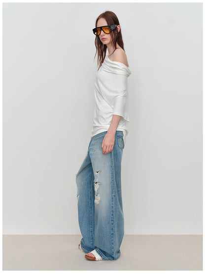 Slant One-Shoulder Swing Neck T-Shirt