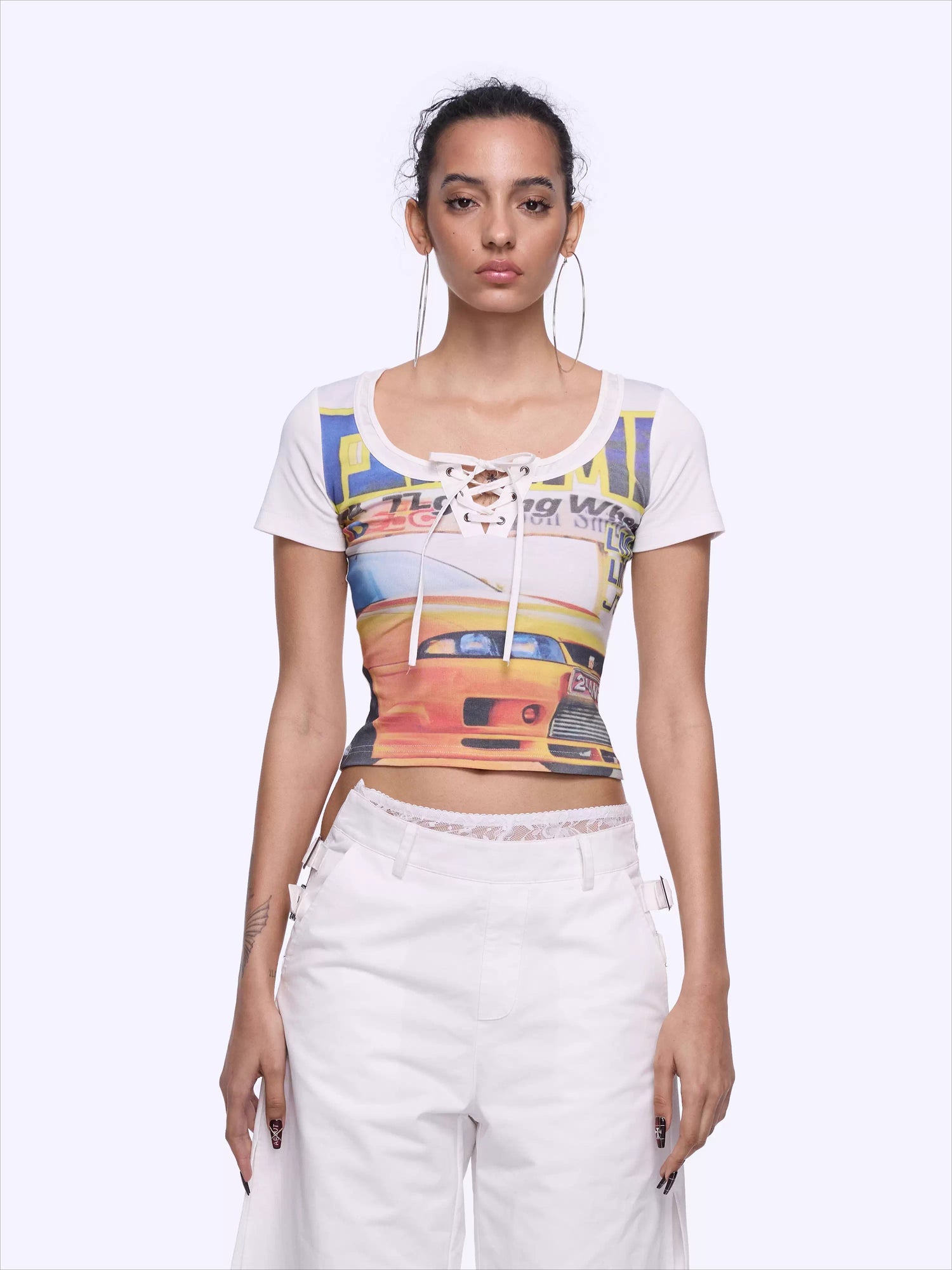 Retro Racing Print Layered-Look Patchwork T-Shirt