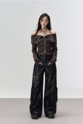 Black Rivet Straight Leather Pants - CHINASQUAD