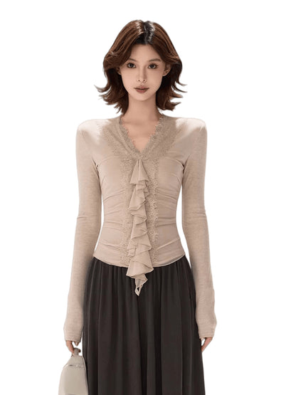 Elegant Lace Ruffle Knit V-Neck Top