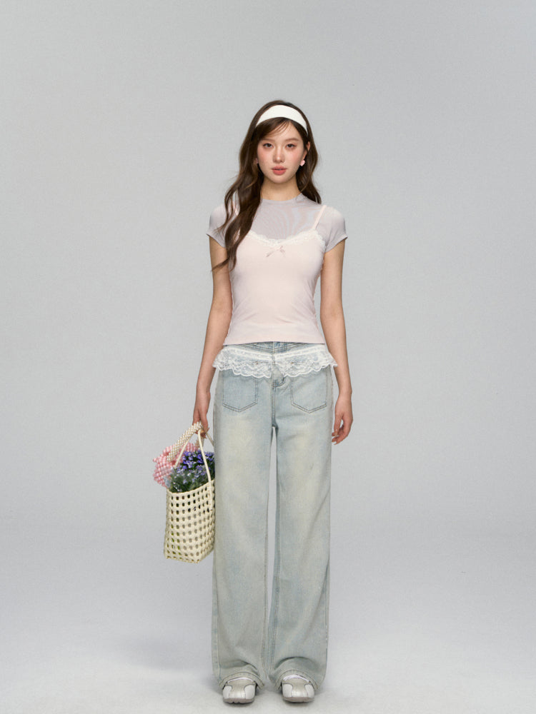 Fake Two Piece Lace Bow Short-Sleeve T-shirt