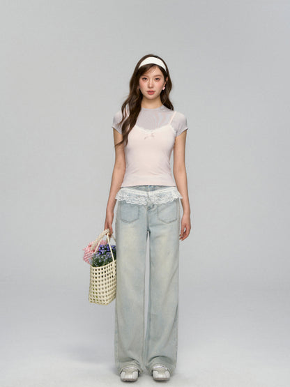Fake Two Piece Lace Bow Short-Sleeve T-shirt