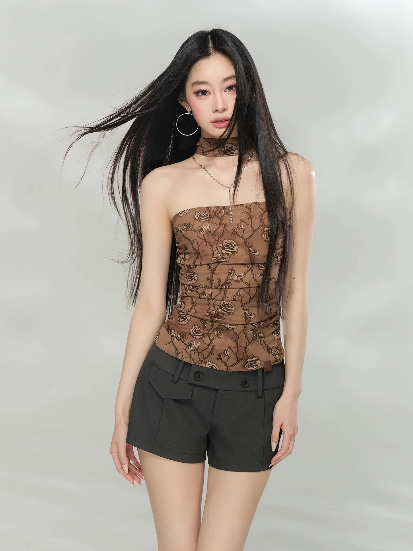 Floral Mesh Choker-Neck Strapless Top