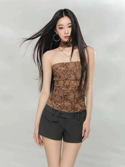 Floral Mesh Choker-Neck Strapless Top