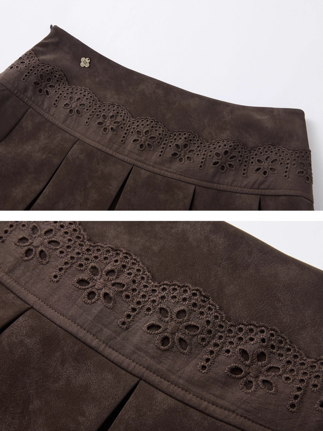 Lace-Trimmed Velvet Pleated Faux Leather Mini Skirt
