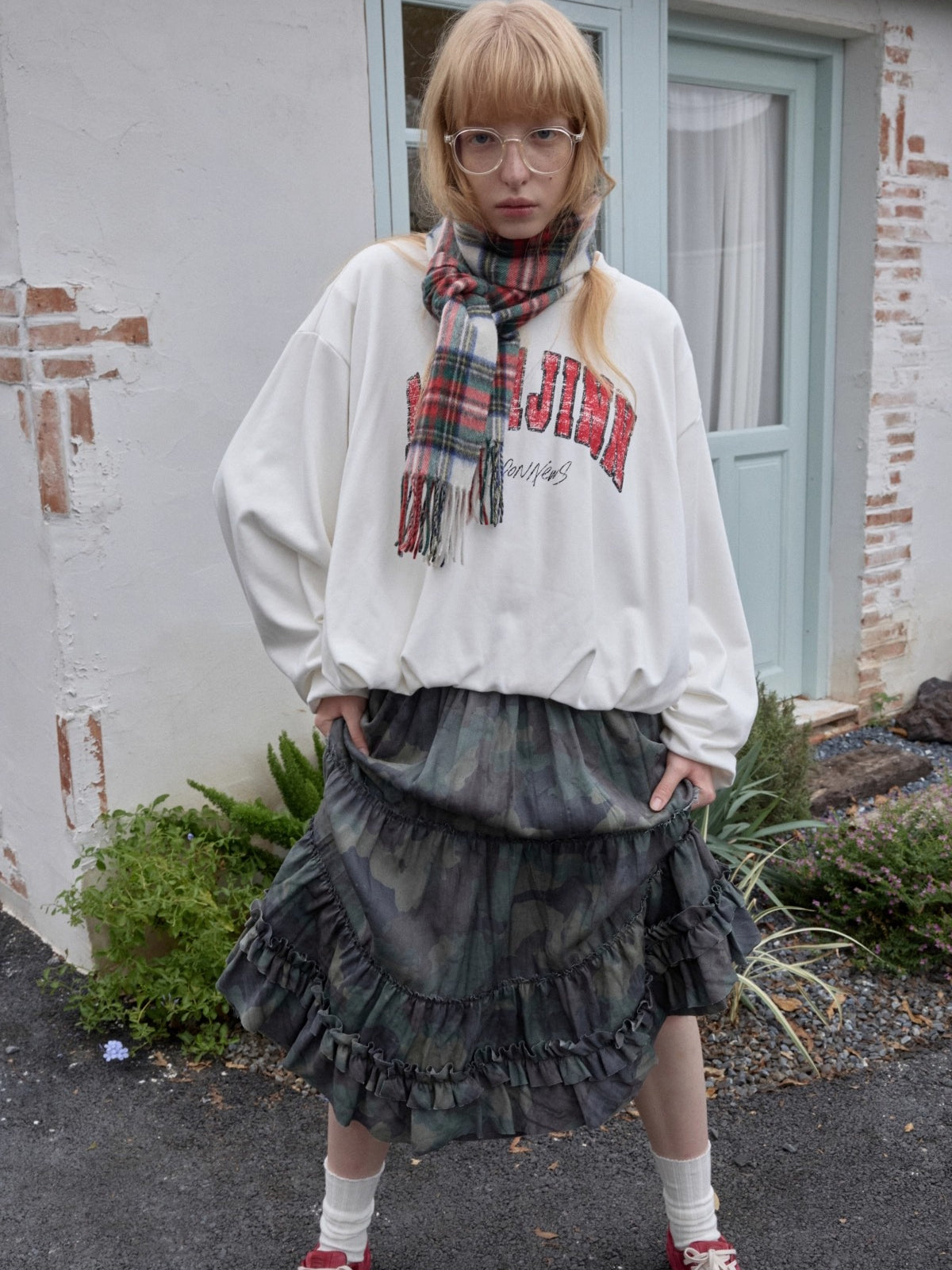 Camouflage Raw-Edge Ruched Layered Skirt