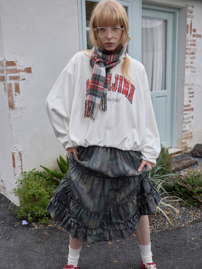 Camouflage Raw-Edge Ruched Layered Skirt