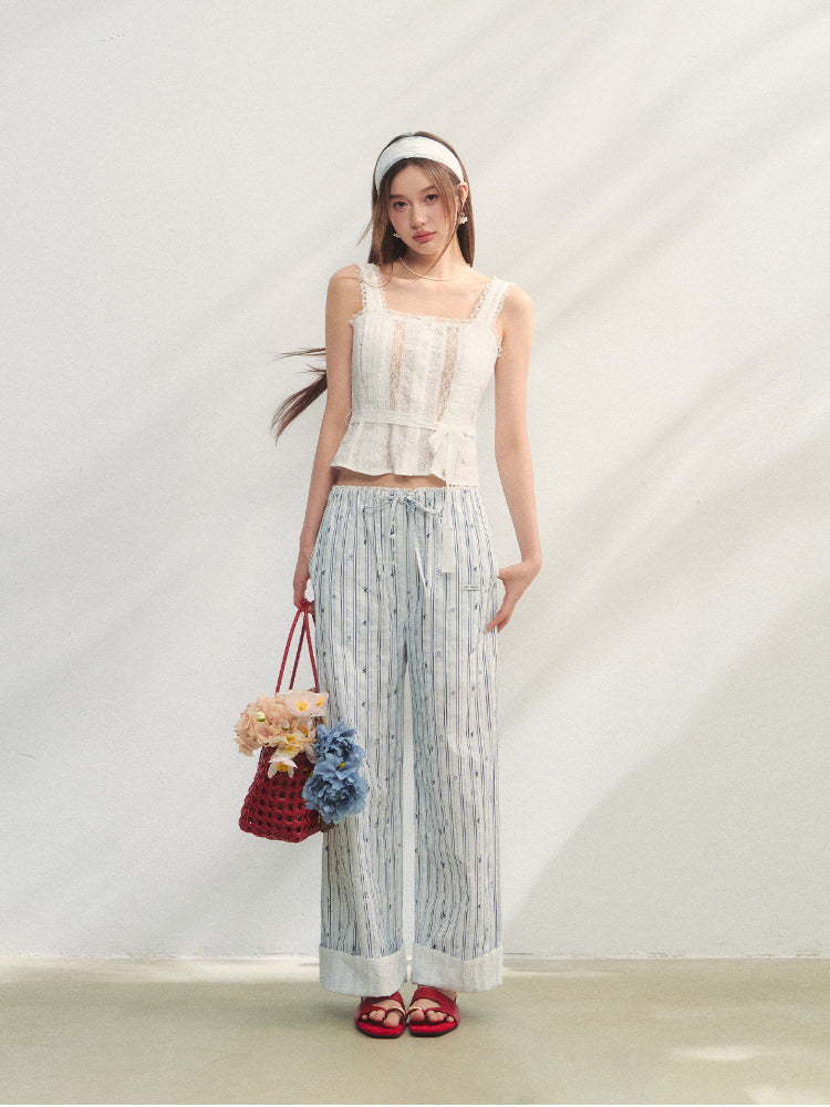 Striped Print Patchwork Embroidery Lace Straight Pants