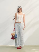 Striped Print Patchwork Embroidery Lace Straight Pants - CHINASQUAD