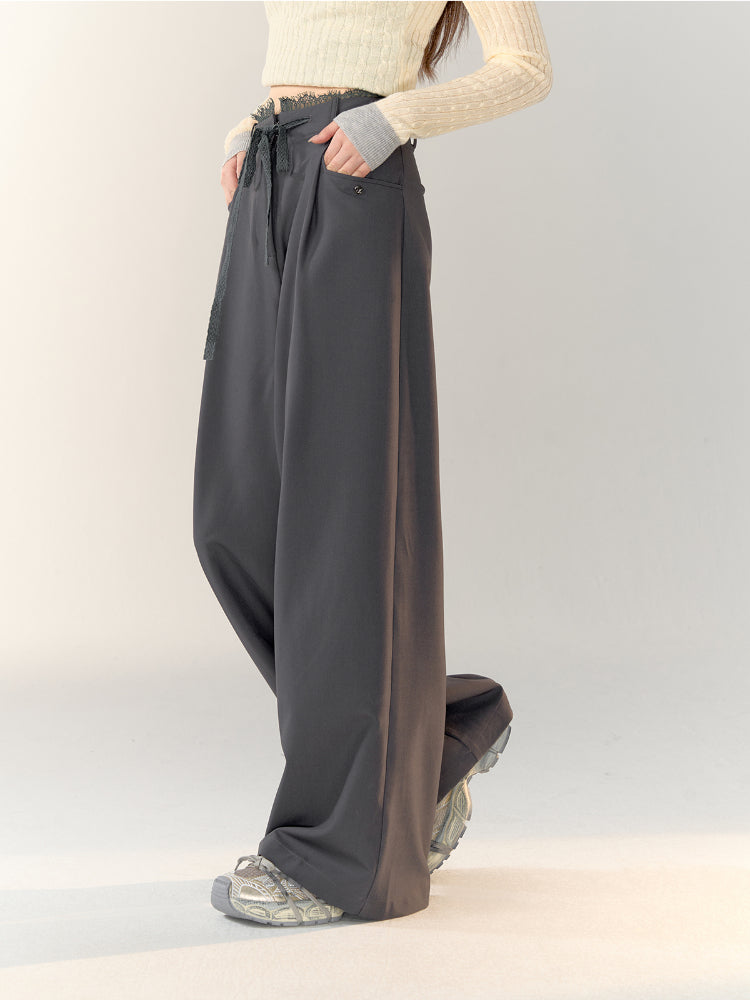 Lace Spliced High-Waisted Straight-Leg Wide Pants