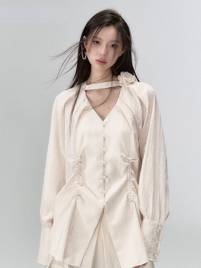 (Final Sale) Beige New Chinese-style Long-sleeved Shirt &amp; Skirt Set - CHINASQUAD