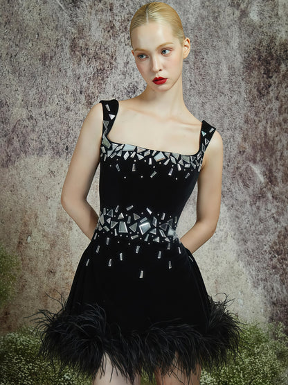 Midnight Crystal Embellished Feather Hem Mini Dress