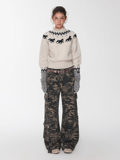 Fair Isle Pony Jacquard Chunky Knit Sweater