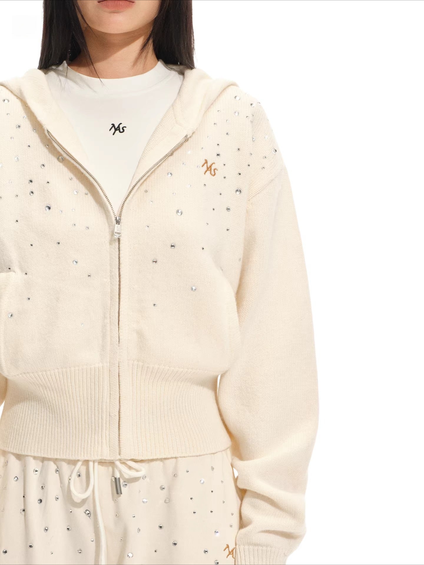 Stardust Gradient Rhinestone Hooded Knit Cardigan