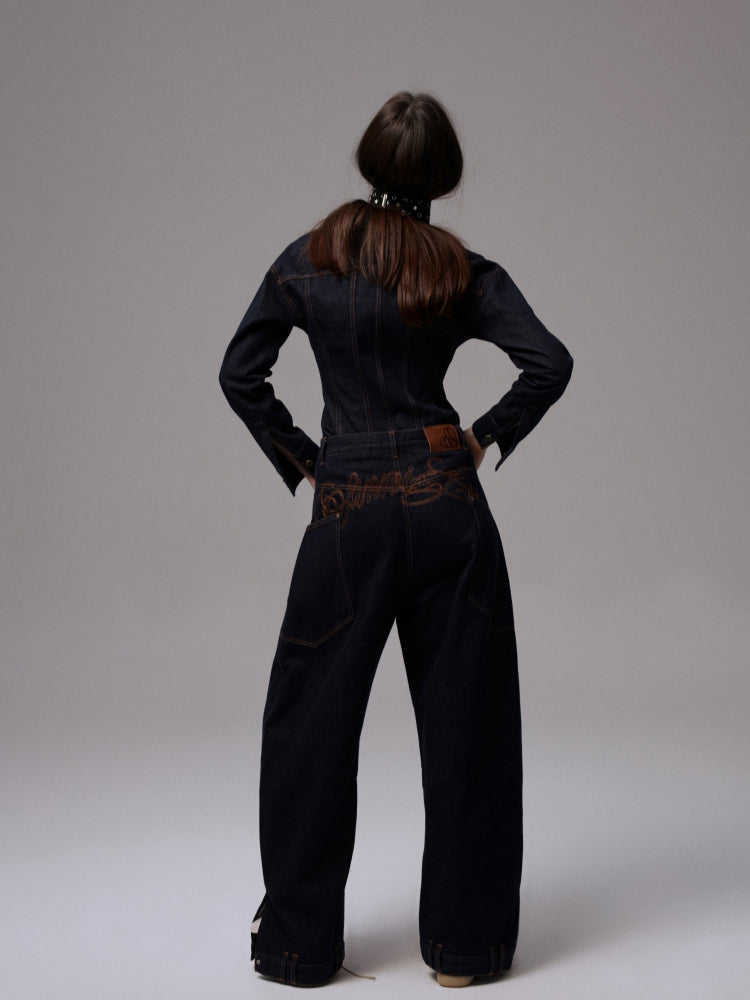 Raw Denim Wide-Shoulder Waist-Cinching Jacket Set - CHINASQUAD