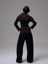 Raw Denim Wide-Shoulder Waist-Cinching Jacket Set - CHINASQUAD