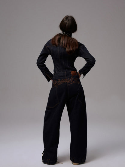 Raw Denim Wide-Shoulder Waist-Cinching Jacket Set - CHINASQUAD