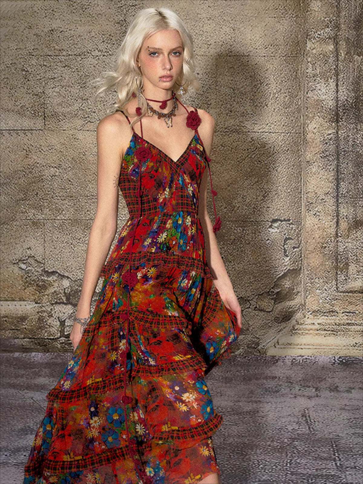 vintage halter maxi dress Firework Bloom Floral tourmaline