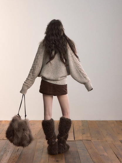 Detachable Faux Fur Collar Knit Cardigan