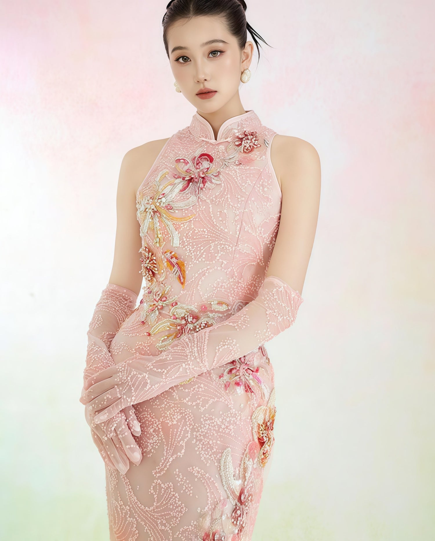 Blush Embroidered Halter Mermaid Evening Gown