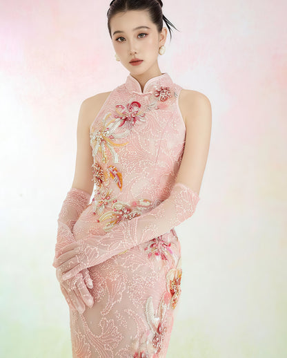 Blush Embroidered Halter Mermaid Evening Gown