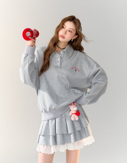 American College Style Polo Collar Sweatshirt &amp; Skirt Set