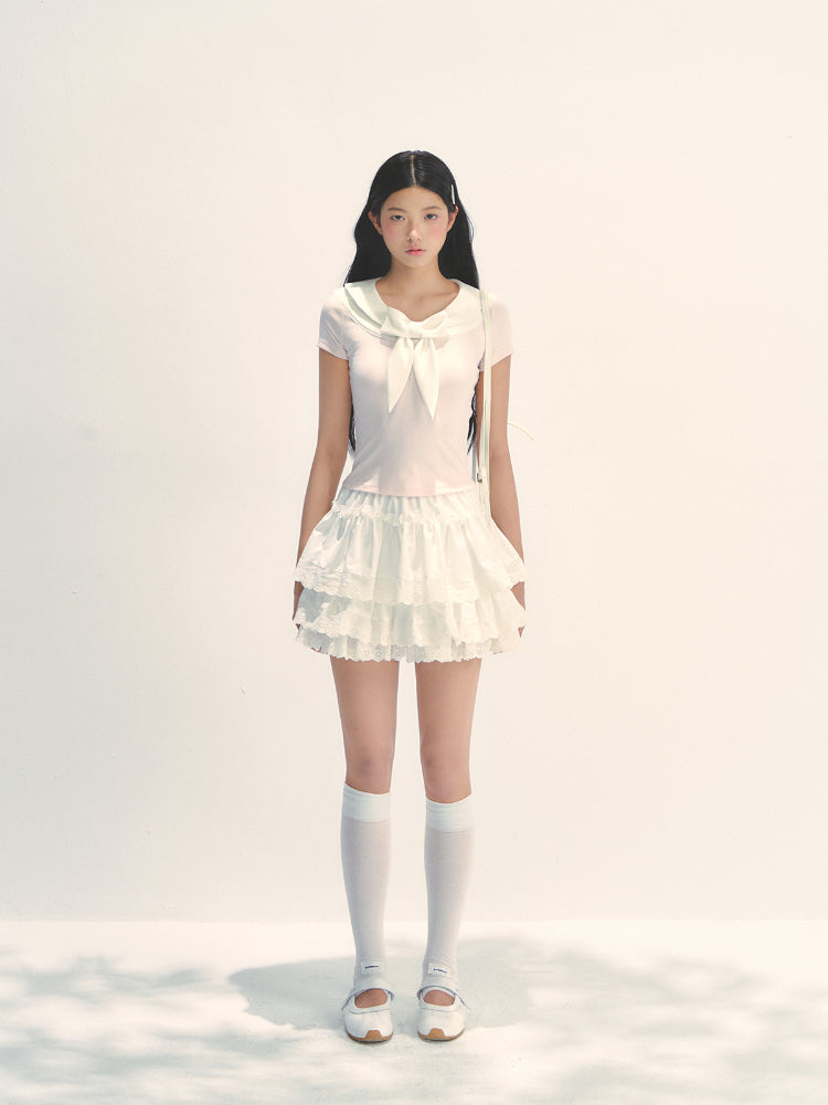 White Lace Trimmed Tiered Skirt - CHINASQUAD