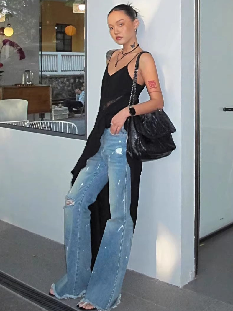 Paint-Splatter Flared Denim Pants