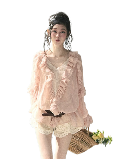 French Ruffle Lace Chiffon Blouse