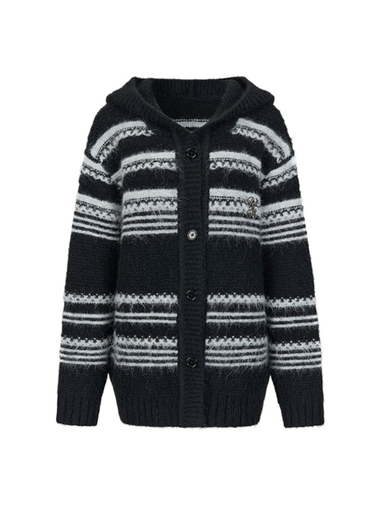 Striped Hooded Knit Cardigan