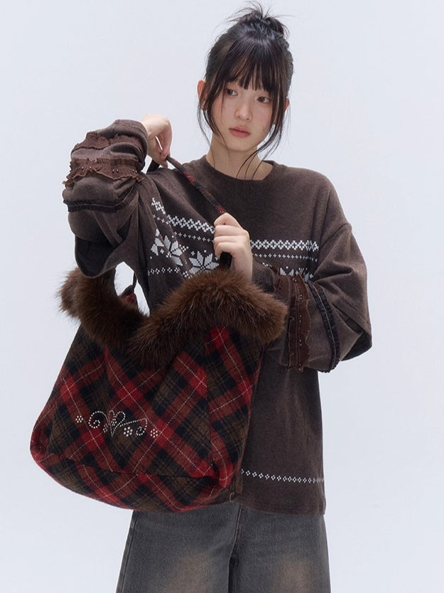 Plaid Wool-Blend Large Tote Bag