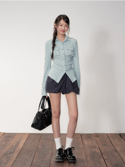Striped Rivet 3D Pocket Fitted Shirt