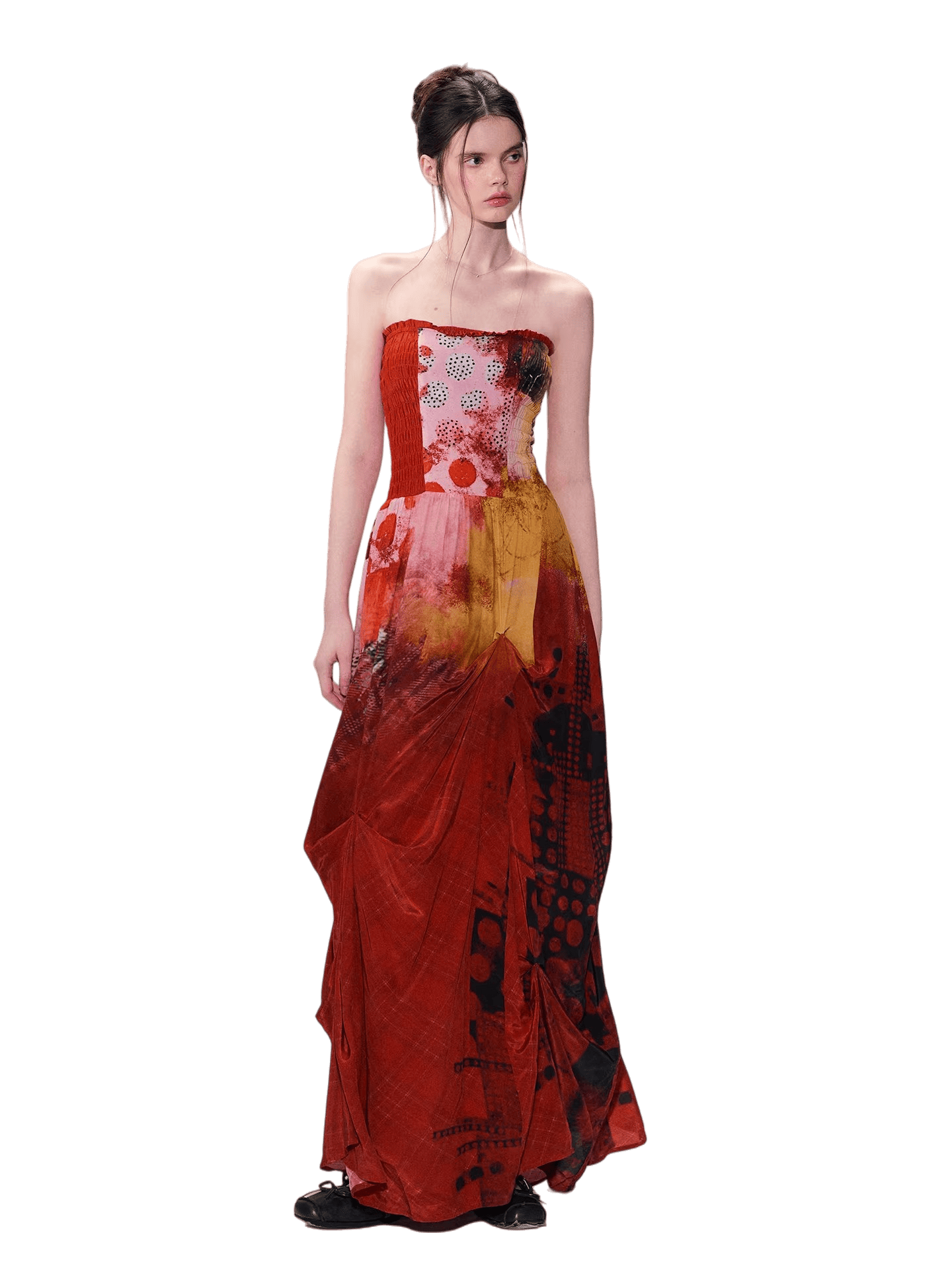 Vintage Red Strapless Printed Maxi Dress