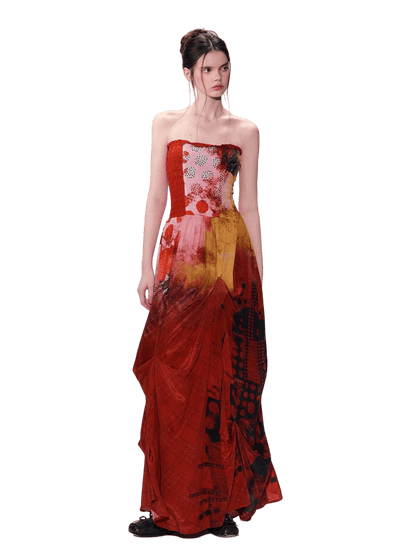 Vintage Red Strapless Printed Maxi Dress