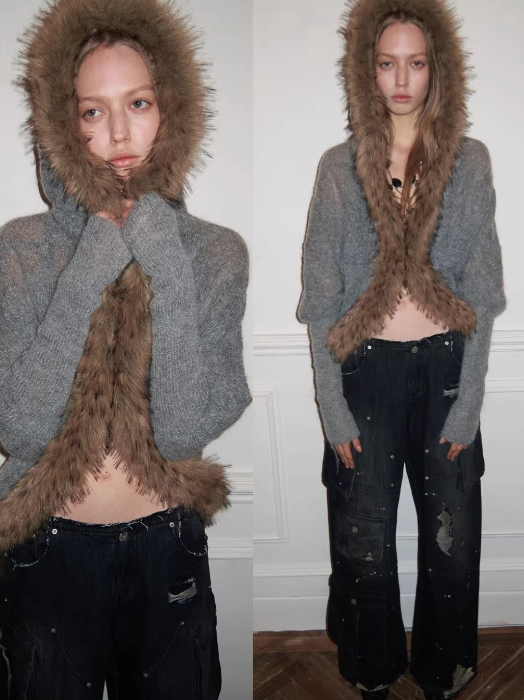 Vintage Mohair-Blend Fur-Trim Knit Cardigan
