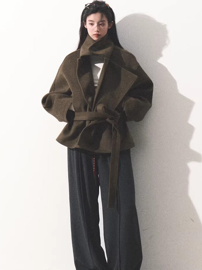 Waist-Defining Silhouette Stand-Collar Wool Coat
