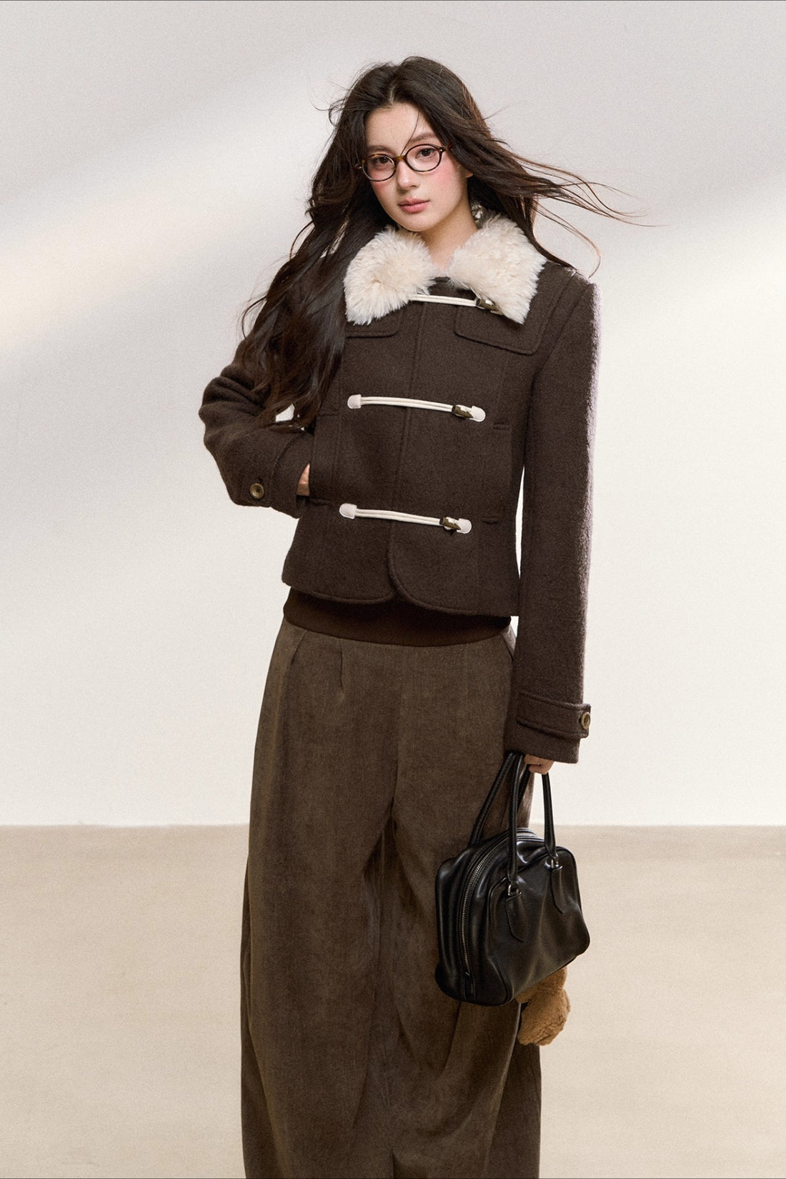 Brown Wool-Blend Toggle Cropped Jacket