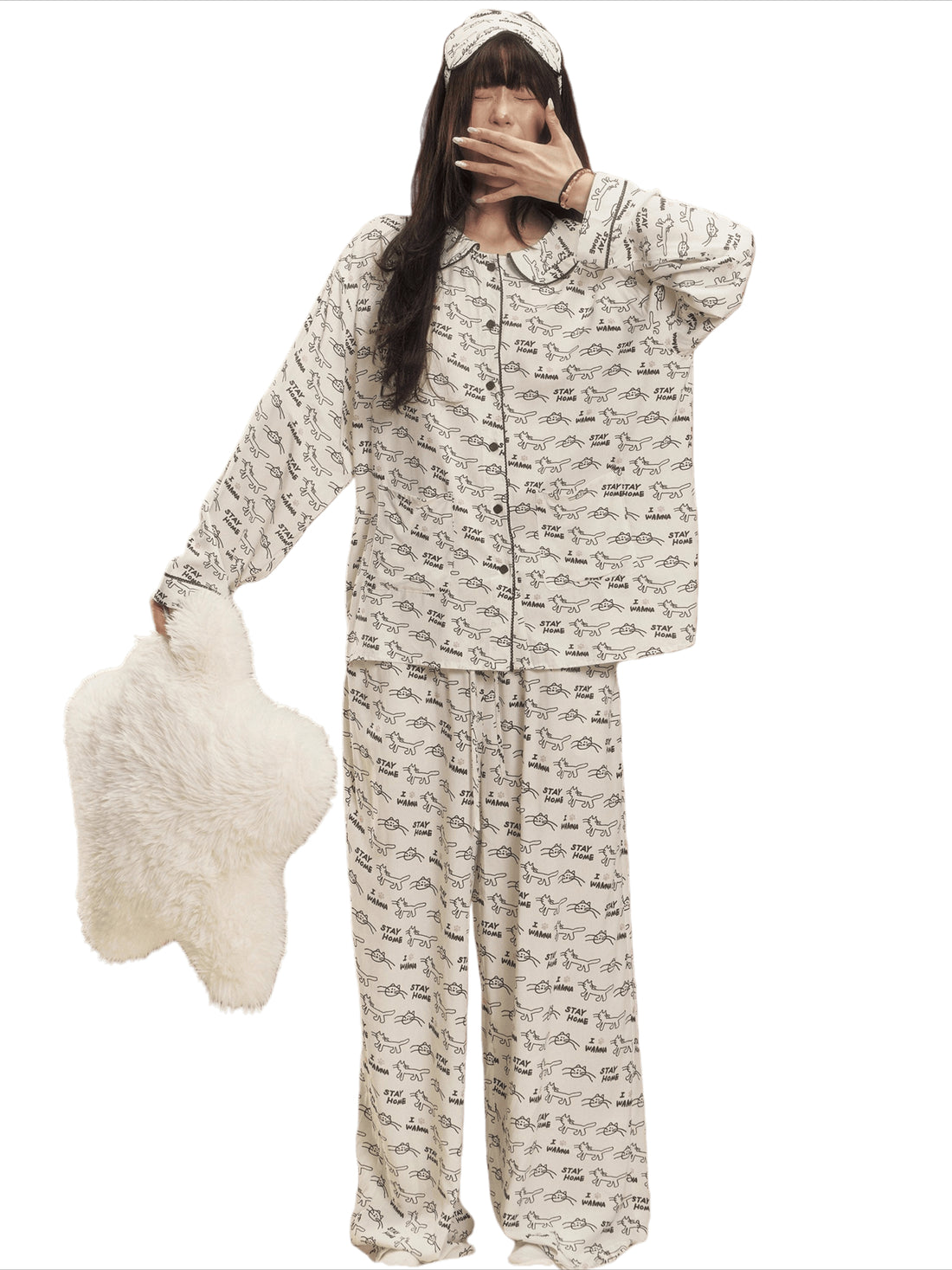 Ruffle Collar Cat Print Pajama Set