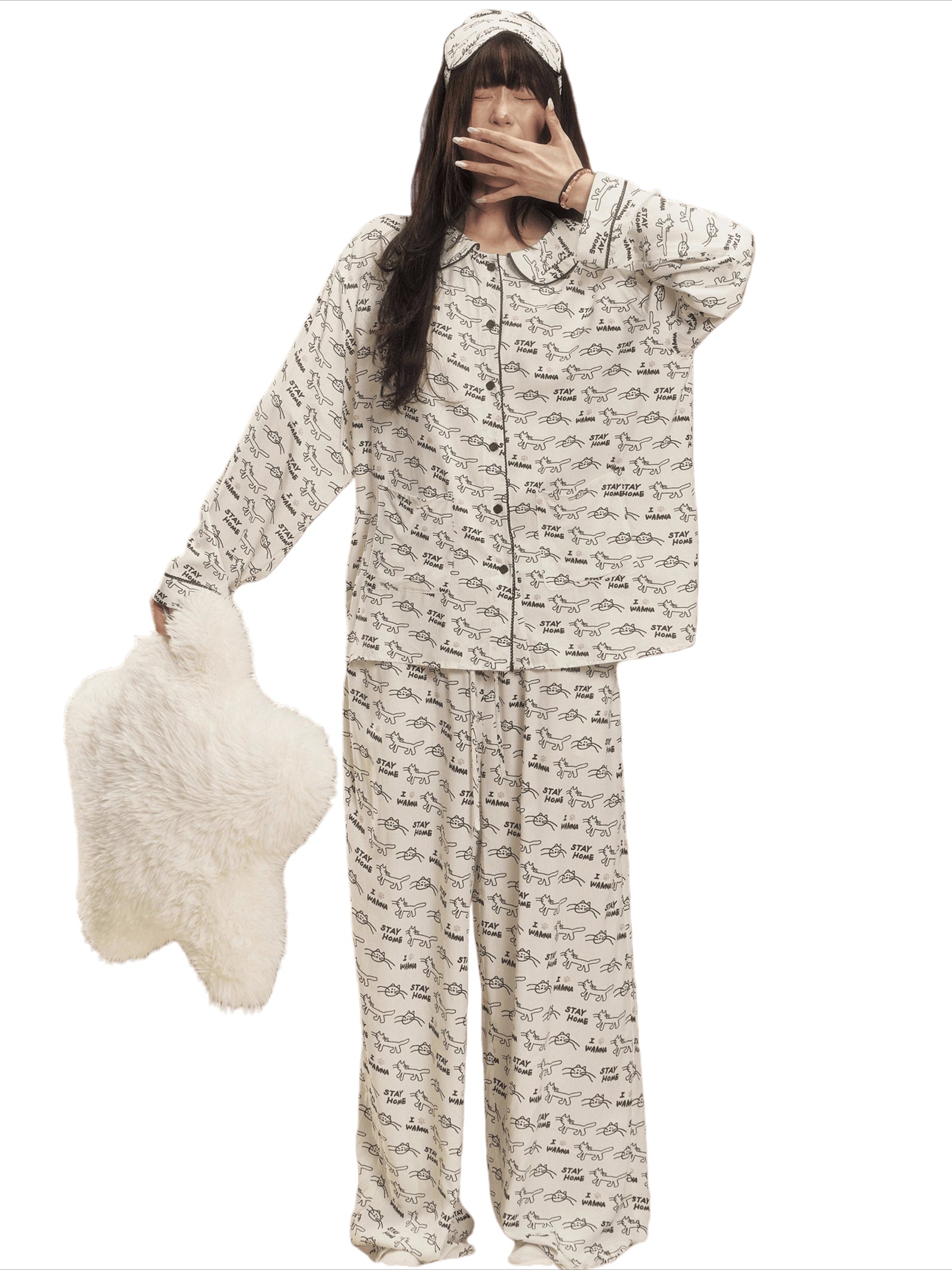 Ruffle Collar Cat Print Pajama Set